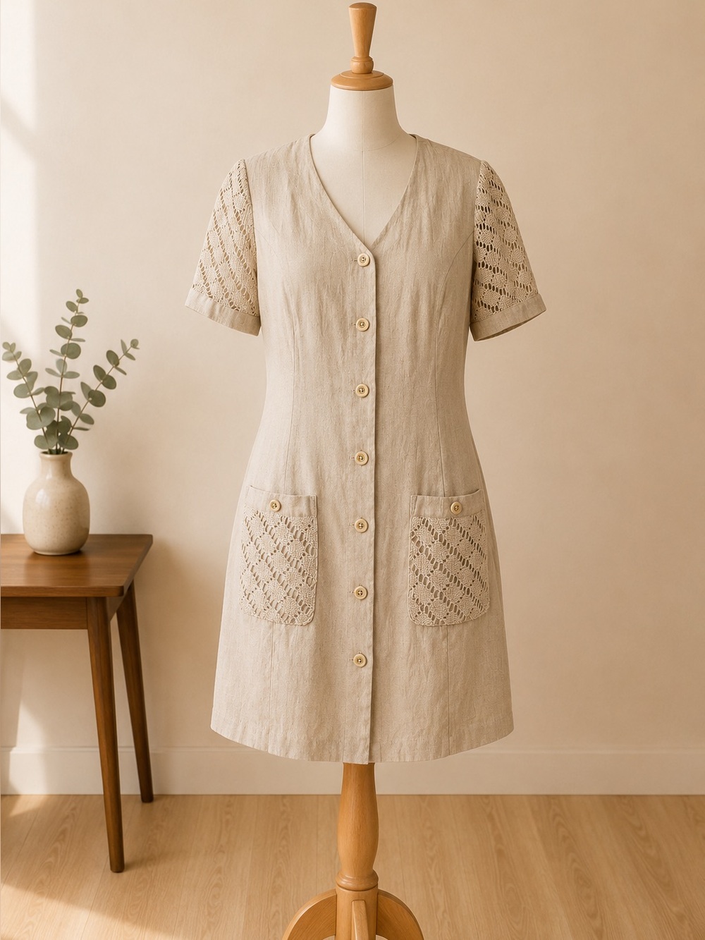 Vintage Emotions Exclusif Linen Look Crochet Button Front Dress Beige Size 7